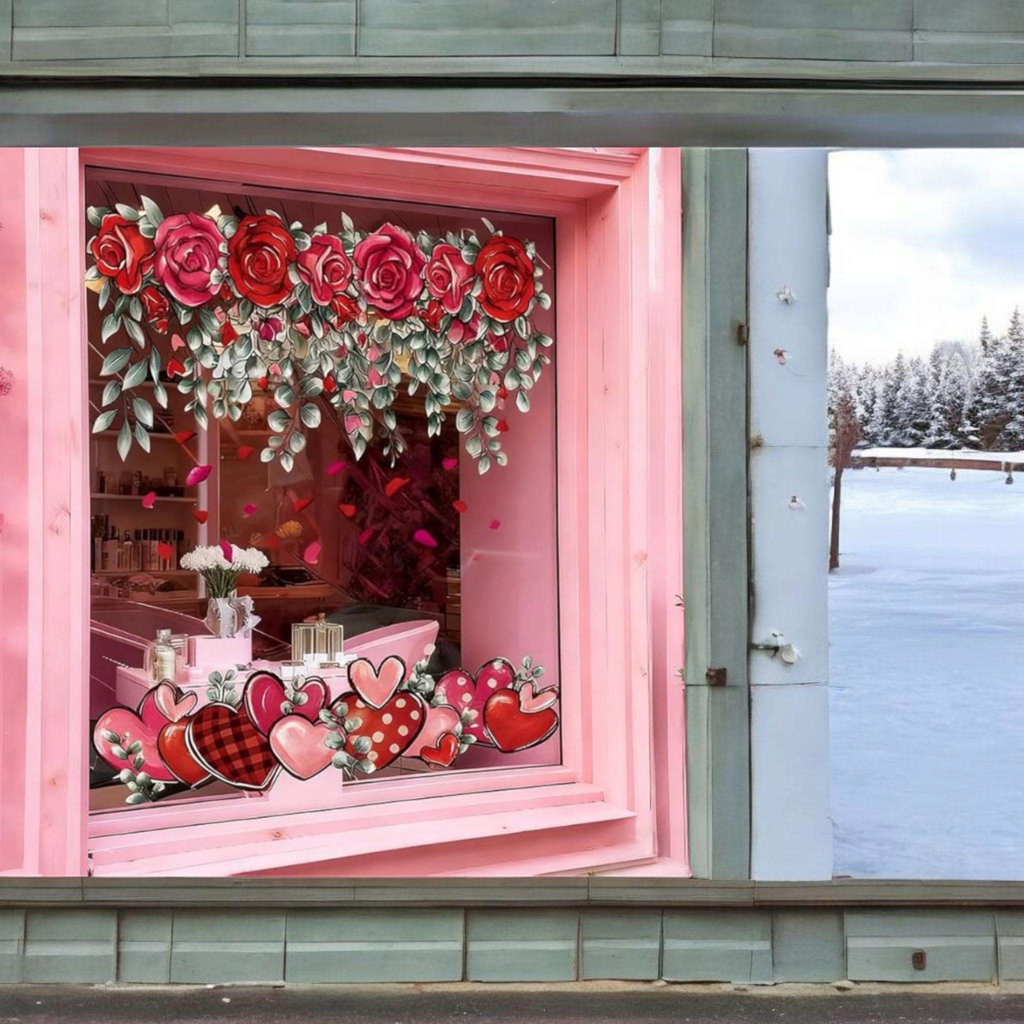 Valentine Window Clings Set of 8 Sheets - Rose Heart Hanging Vine Stickers, Red Pink Buffalo Plaid Static Cling Decals for Home Office Glass