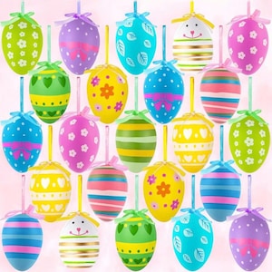 May include: A collection of colorful Easter egg ornaments. Each egg is decorated with various patterns, including flowers, stripes, polka dots, and bows. They are suspended by ribbons, ready for hanging. The eggs come in a variety of colors, including green, blue, yellow, pink, and purple.