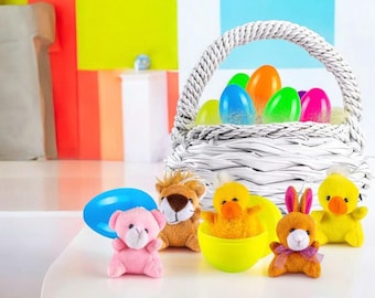 Prefilled Easter Eggs with Plush Animal Toys 12 Pack – 3.4 Inch Plastic Easter Eggs for Kids Easter Basket Stuffers Classroom Exchange Party
