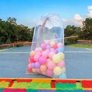 May include: A large clear plastic bag filled with colorful balloons in shades of pink, purple, yellow, and blue. The bag is held open by a person, with a blue sky and trees in the background.