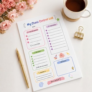 May include: A white paper planner sheet titled My Chaos Control List with colourful sections for tasks, notes, and goals. It features pastel borders, dotted lines, and small illustrations of a rocket, octopus, and stars, accompanied by a gold pen.