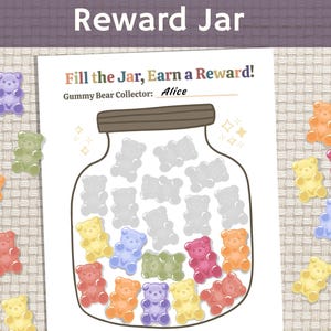 Pot de récompense ours gommeux, graphique de comportement imprimable gelée colorée pour tout-petits Routine de motivation des enfants, tableau des tâches ménagères, système de récompense de jetons de bonbon