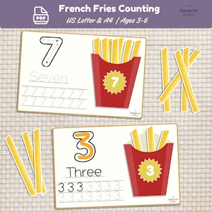 Pommes frites räkningsaktivitet utskrivbar PDF Montessori interaktivt mattespel för småbarn siffror spårning arbetsblad för förskola låtsaslek