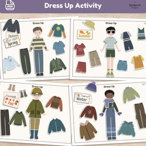 Boys Paper Doll Dress Up Activity, Seasonal Clothing Matching Printable, Preschool Busy Book Pages, Toddler Interactive Game, Montessori PDF