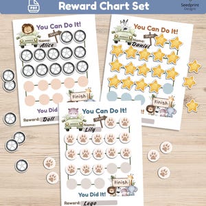 Ensemble de tableaux de récompenses sur le thème des animaux du safari, tableau de progression imprimable pour enfants, tableau de jetons étoiles pour élèves, carte comportementale pour tout-petits, système de récompenses pour mamans atteintes de TDAH