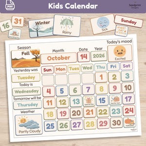 Puede incluir: Un calendario infantil imprimible con una cuadrícula mensual para octubre de 2026, secciones para la estación, el clima y el estado de ánimo, además de varias tarjetas intercambiables para fechas, días de la semana y actividades en tonos suaves.