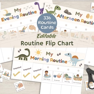 Dinosaur Routine Flip Chart Kids Editable Morning Afternoon & Evening Chore Chart Daily Toddler Visual Schedule with 336 Routine Cards