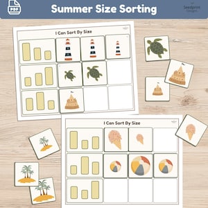 May include: A printable educational activity sheet titled Summer Size Sorting and I Can Sort By Size. The sheets feature grids with yellow rectangles and various summer-themed illustrations including lighthouses, sea turtles, sandcastles, palm trees, ice cream cones, and beach balls for sorting by size.
