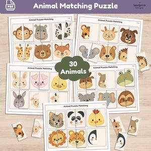 以下が含まれることがあります： サル、シマウマ、トラ、パンダなど、30種類の動物のイラストが描かれた複数のシートで構成される動物マッチングパズルセット。各動物の顔は、マッチング用に2つの垂直なピースに分割されています。
