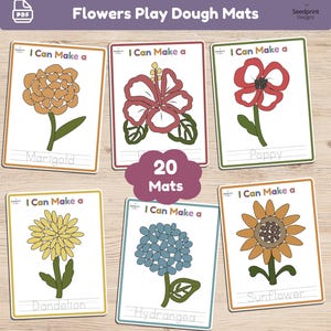 May include: A set of 20 printable play dough mats featuring floral illustrations. Each rectangular card displays the text I Can Make a followed by a flower name like Marigold, Poppy, Dandelion, Hydrangea, or Sunflower, with outlines for dough.