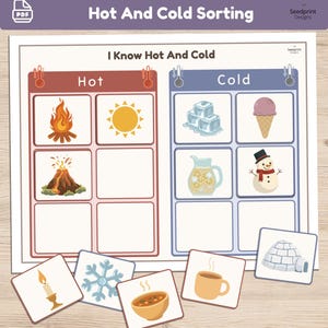 Puede incluir: Una actividad educativa imprimible titulada Hot And Cold Sorting y I Know Hot And Cold. La hoja presenta una columna roja para elementos calientes y una azul para elementos fríos, con ilustraciones de fuego, sol, volcán, hielo, helado y muñeco de nieve.