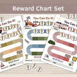 May include: A set of three reward charts with the text "Reward Chart Set" at the top. Each chart features a race car theme with the words "You Can Do It!" and "Well Done!" printed on them. The charts include spaces for names and rewards.