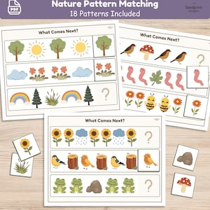 Actividad de emparejamiento de patrones de la naturaleza, imprimible "¿Qué sigue?", juego de secuencias para preescolares, matemáticas Montessori, páginas de libros de actividades, hojas de trabajo para preescolar.