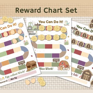 May include: A set of three reward charts with a farm theme. Each chart features a colorful path, with spaces for tokens and the text "You Can Do It!". The charts include illustrations of a chicken, tractor, and barn. The text "Reward Chart Set" is at the top.