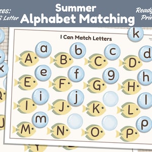 May include: A printable educational activity sheet titled I Can Match Letters featuring rows of yellow fish illustrations with uppercase letters. The sheet includes light blue circular tokens with lowercase letters for matching.