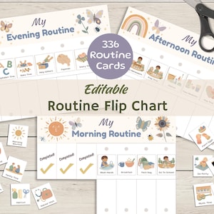 May include: An editable routine flip chart with morning, afternoon, and evening sections. The chart includes 336 routine cards with illustrations and text. The design features butterflies, a sun, and a rainbow. Scissors are visible in the top right corner.