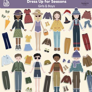 Puede incluir: Un conjunto de muñecas de papel digitales titulado Dress Up for Seasons Girls & Boys que presenta cuatro personajes ilustrados y varias prendas de temporada, incluyendo sombreros, chaquetas, suéteres, pantalones, faldas y accesorios como un paraguas y gafas de sol.