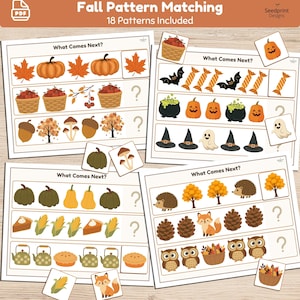 May include: A set of four printable educational worksheets titled Fall Pattern Matching with 18 patterns included. Each sheet features rows of seasonal illustrations like pumpkins, leaves, owls, and foxes, with empty boxes for completing the sequences.