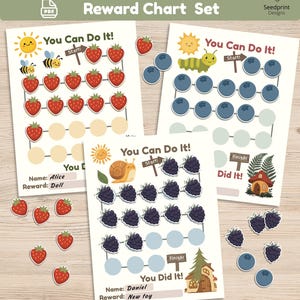 Puede incluir: Un conjunto de tres tablas de recompensas con el texto You Can Do It y You Did It. Las tablas incluyen ilustraciones de un sol, abejas, una oruga, un caracol y pegatinas de frutas que incluyen fresas, arándanos y moras.