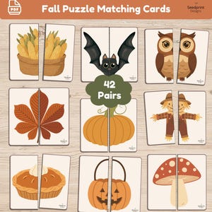 May include: A set of Fall Puzzle Matching Cards featuring 42 pairs of illustrations including corn, a bat, an owl, a leaf, a pumpkin, a scarecrow, a pie, a jack-o'-lantern, and a mushroom. The cards are printed on a light background.