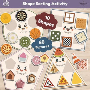 May include: A shape sorting activity set featuring four large boards in circle, square, pentagon, and triangle shapes. Each board displays a smiling face and labels. The set includes 10 shapes and 60 pictures of various objects like food, games, and signs.