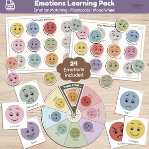 May include: An Emotions Learning Pack featuring printable sheets with colorful circular emotion icons, matching flashcards, and a circular mood wheel labeled Today I Feel. The set includes 24 distinct facial expressions representing various feelings.