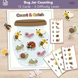May include: Educational printable game titled "Bug Jar Counting" with 12 cards and 3 difficulty levels. The game features colorful illustrations of bugs, including bees, ladybugs, and caterpillars, designed for counting practice. The text "Count & Catch" is displayed.