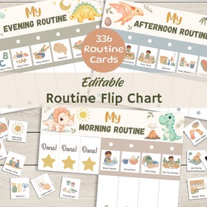 May include: A set of three routine flip charts with dinosaur illustrations. The charts are labeled "My Evening Routine", "My Afternoon Routine", and "My Morning Routine". Included are 336 routine cards with various activities.