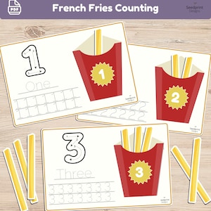 May include: Educational printable cards for counting and writing numbers one, two, and three. Each card features a red French fry container with yellow fries, a numbered star, and tracing lines for the corresponding number and word.