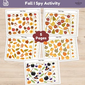 May include: A digital PDF set of five Fall I Spy activity sheets featuring colorful illustrations of autumn items like apples, sunflowers, pumpkins, cauldrons, and umbrellas. Each page includes a grid of icons and a checklist with empty boxes.