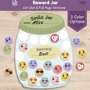 Pode incluir: Uma folha de atividades imprimível de pote de recompensas com uma tampa verde clara com o texto Smile Jar e Name: Alice. O pote contém um rótulo central escrito Reward Doll e vários tokens circulares com rostos de emoji e ícones de coração.