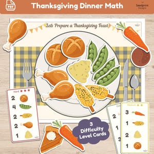 Jogo de Contagem para o Jantar de Ação de Graças, Atividade de Montagem de Alimentos de Outono, Matemática Pré-escolar de Outono, Brincadeira de Faz de Conta para Imprimir, Diversão de Aprendizagem para Crianças em Novembro