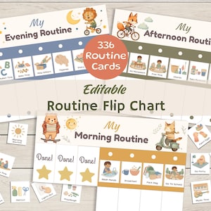 Può includere: Un set di grafici di routine modificabili con illustrazioni di animali e attività. I grafici includono "La mia routine serale", "La mia routine pomeridiana" e "La mia routine mattutina". Il set include 336 schede di routine.