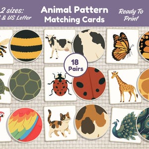 Op de afbeelding: Dierenpatroon-matchingkaarten met illustraties van verschillende dieren, waaronder een bij, een koe, een vlinder, een schildpad, een lieveheersbeestje, een giraffe, een papegaai, een kat en een pauw, en hun bijbehorende patronen. Klaar om af te drukken.