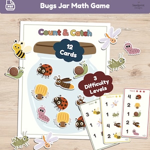 May include: A Bugs Jar Math Game printable set featuring a large jar illustration filled with cartoon insects like ladybugs, snails, and bees. Includes 12 cards, 3 difficulty levels labeled Easy, Medium, and Hard, and various insect cutouts.
