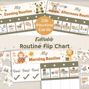 May include: An editable routine flip chart with "My Evening Routine", "My Afternoon Routine", and "My Morning Routine" headings. The chart includes 336 routine cards and illustrations of animals like a fox, panda, koala, and lion. The text "Done! Done! Done!" is visible.