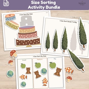 May include: A colorful educational activity bundle titled "Size Sorting Activity Bundle". The image features illustrated cards with cakes, trees, apples, bears, fish, and mushrooms. The cards are labeled "I Can Sort By Size" and "I Can Sort Small To Big".