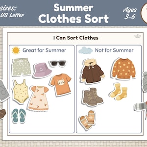 May include: A printable educational activity sheet titled Summer Clothes Sort with two columns labelled Great for Summer and Not for Summer. It features illustrations of various clothing items like shorts, a sun hat, sunglasses, a dress, and winter gear.
