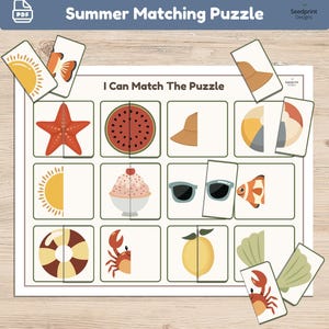 Summer Matching Puzzle, Montessori Halves Matching Game For Kids, Toddler Learning Printable, Preschool Busy Binder, Educational Resources