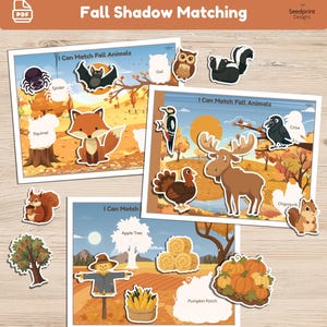 Puede incluir: Un conjunto de actividades educativas Fall Shadow Matching que incluye tres hojas impresas con paisajes otoñales. Las hojas contienen figuras recortables de animales y elementos naturales como un zorro, búho, alce, pavo, ardilla, calabazas y un espantapájaros.