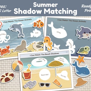 May include: Three printable activity sheets titled Summer Shadow Matching, I Can Match The Ocean Animals, and I Can Match The Beach Shadows. The sheets feature colorful illustrations of sea creatures, beach items, and corresponding white silhouettes.