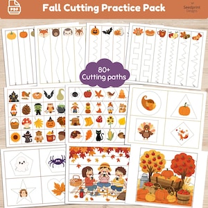 May include: A digital Fall Cutting Practice Pack featuring 80+ cutting paths with autumn-themed illustrations including pumpkins, animals, leaves, and children. The printable sheets display various dashed lines for cutting exercises on a light wood background.