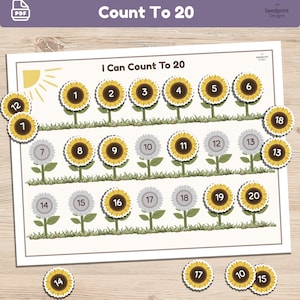 May include: A printable educational worksheet titled I Can Count To 20 featuring rows of sunflower illustrations. Some sunflowers contain numbers 1 through 20, while others are grayed out. Additional sunflower cutouts with numbers are included.