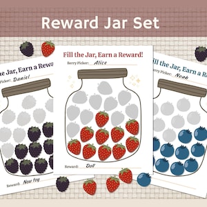 May include: A set of three reward jar charts with the text "Reward Jar Set". Each chart features a jar with spaces for stickers, and the text "Fill the Jar, Earn a Reward!". The jars are filled with illustrations of berries.