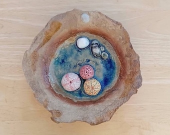 Lake clay sculpture with waterfall, Rockpool with sea urchins centre piece, Ceramic art with blue glass, Handmade stoneware ornament