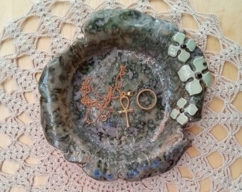 Grey green dish with aqua flowers, Trinket holder, Pottery candy tray, jewellery catcher
