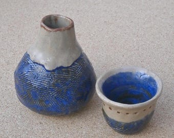 Handmade Blue Stoneware Bud Vase with Cup as Lid