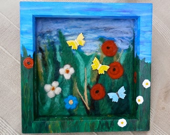 Needle Felted Flower Wall Art: Poppies and Ceramic Butterflies