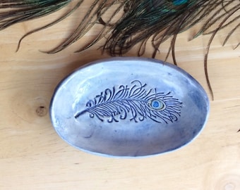 Blue Stoneware Ring Dish: Peacock Feather Soap Dish, Cottage Chic Decor