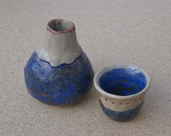 Blue bud vase with ring dish OR bottle with lid/cup - Handmade stoneware vase